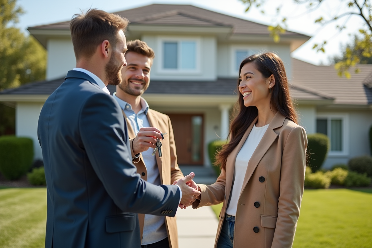 Agent immobilier remettant les clés à un jeune couple devant une maison moderne