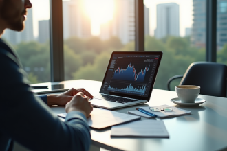 Professionnel analysant graphiques financiers et ETF sur un ordinateur