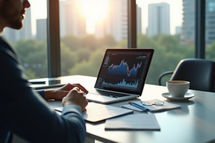 Professionnel analysant graphiques financiers et ETF sur un ordinateur
