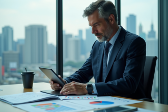 Analyste financier homme en costume bleu étudie des graphiques colorés