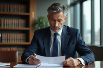 Banquier homme en costume navy dans un bureau moderne