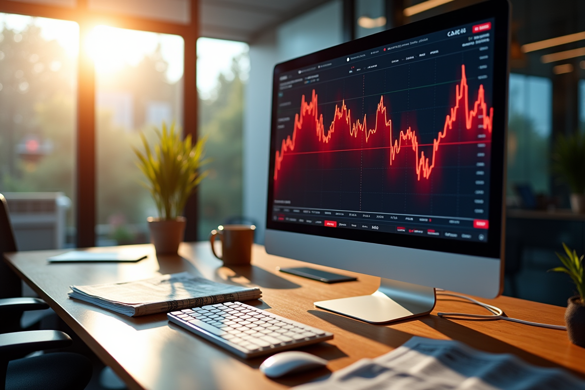Espace de travail moderne avec un écran montrant une tendance baissière du CAC 40