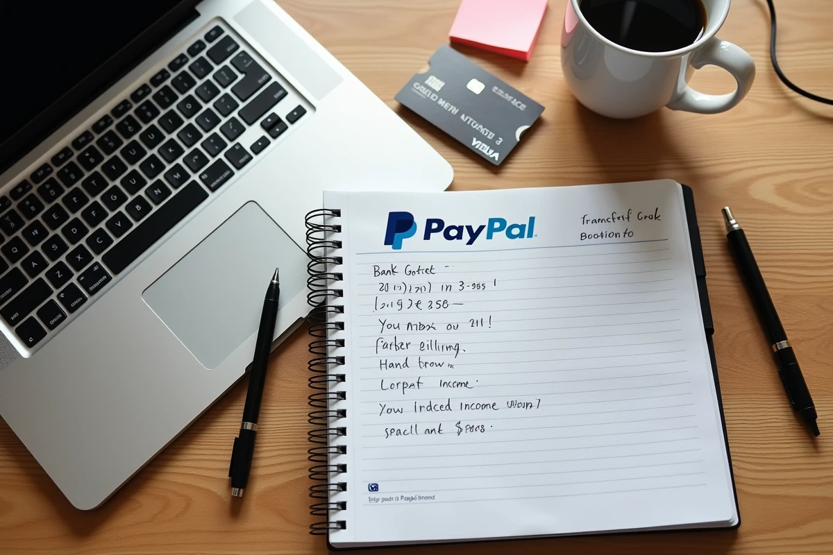 Vue de dessus d'un bureau freelance avec ordinateur affichant PayPal, carnet de notes et carte bancaire pour virement de salaire