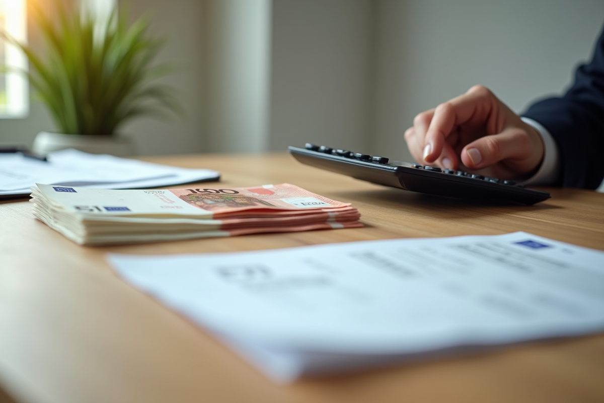 Main utilisant une calculatrice avec billets et relevés de compte