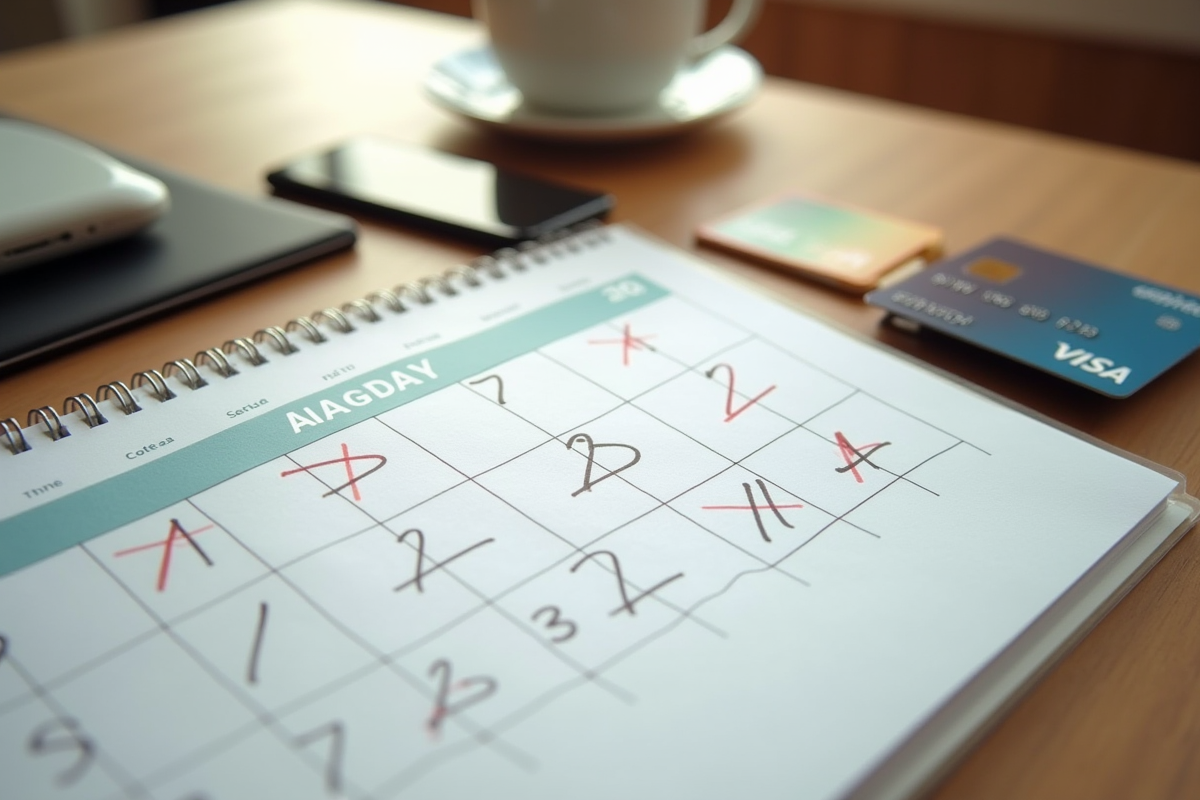 Calendrier avec dates barrées et carte de debit sur un bureau en bois