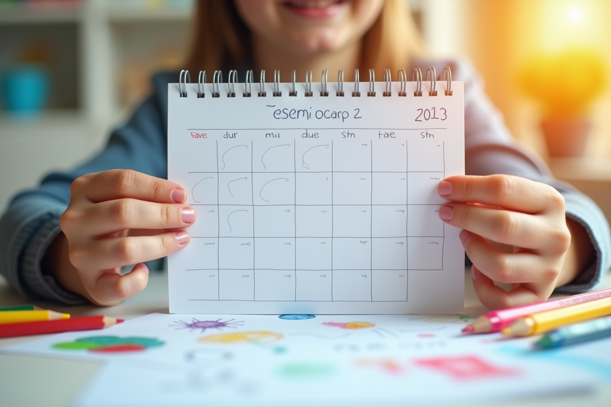 Mains tenant un calendrier avec dessins d