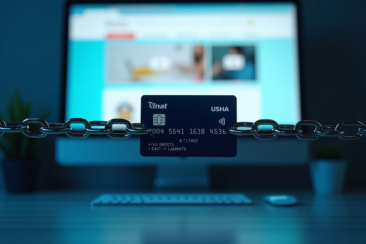 Carte bancaire bloquée entre des chaînes métalliques devant un écran lumineux
