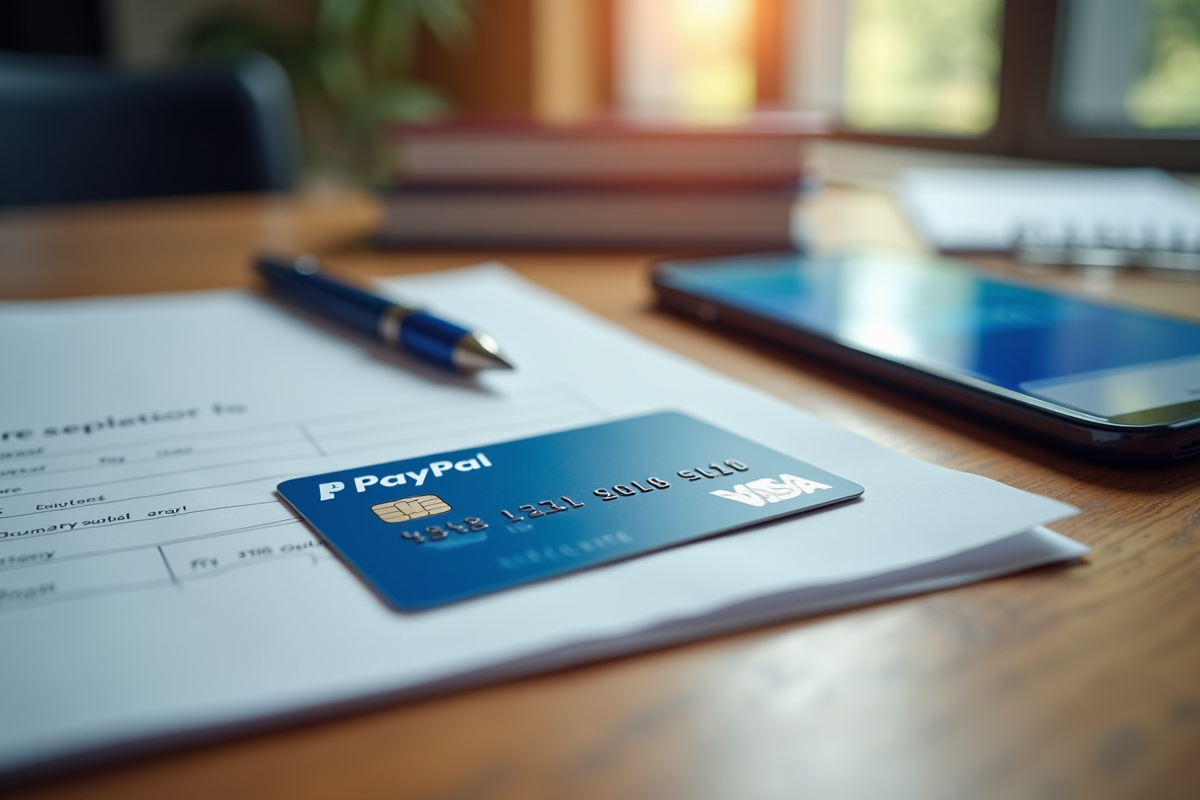 Carte PayPal sur une table avec documents et smartphone