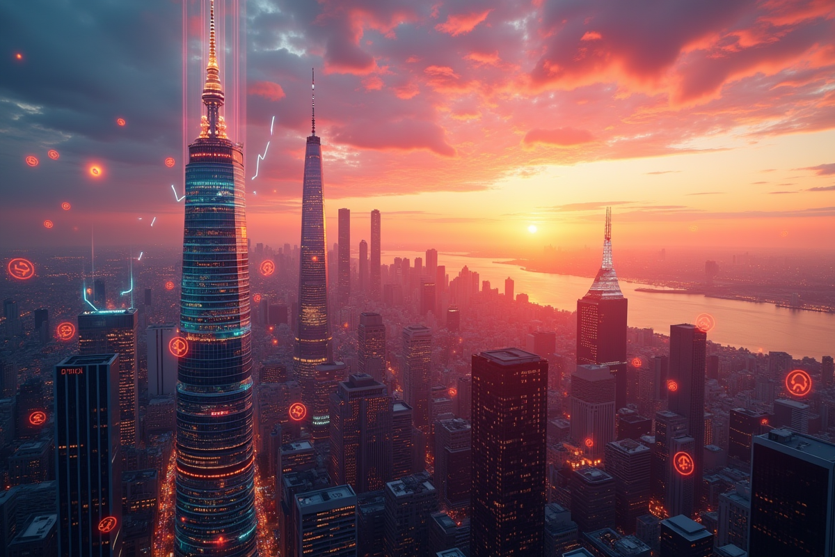 Ciel de ville au lever du soleil avec projections crypto et tendances