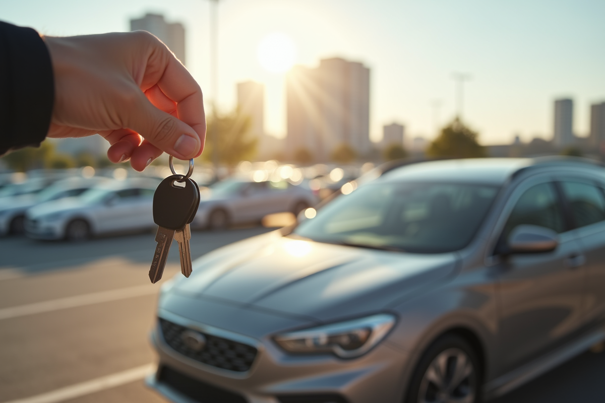 Main tenant clés de voiture et contrat devant une voiture neuve