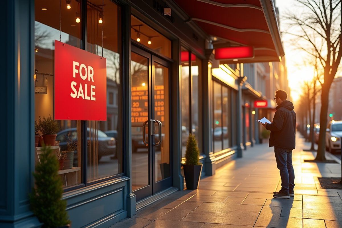 Magasin en vente avec un panneau et acheteur regardant les documents