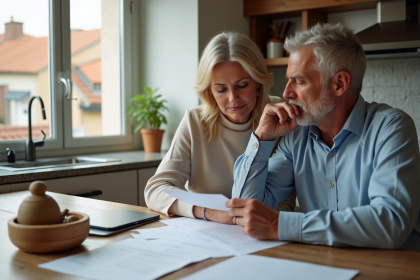 Couple mature en cuisine examinant des documents immobiliers