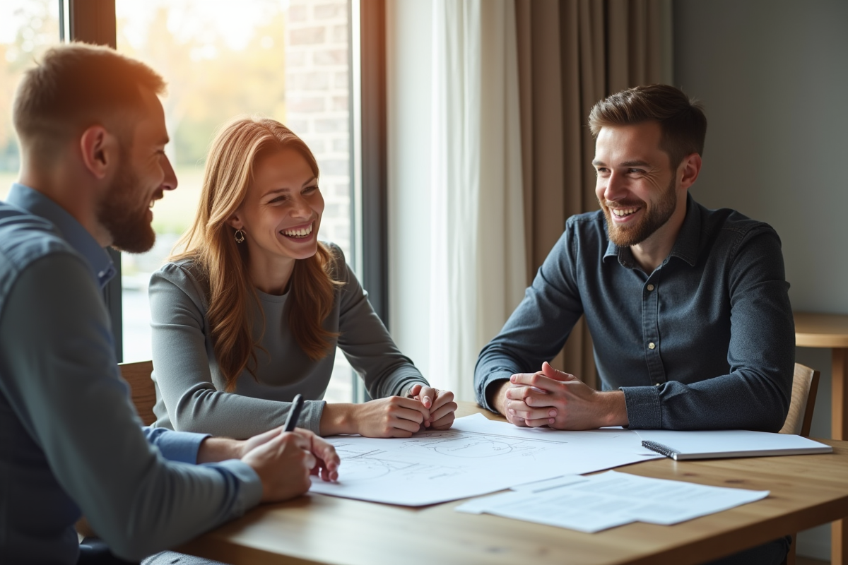 Couple discutant avec un professionnel autour de plans d