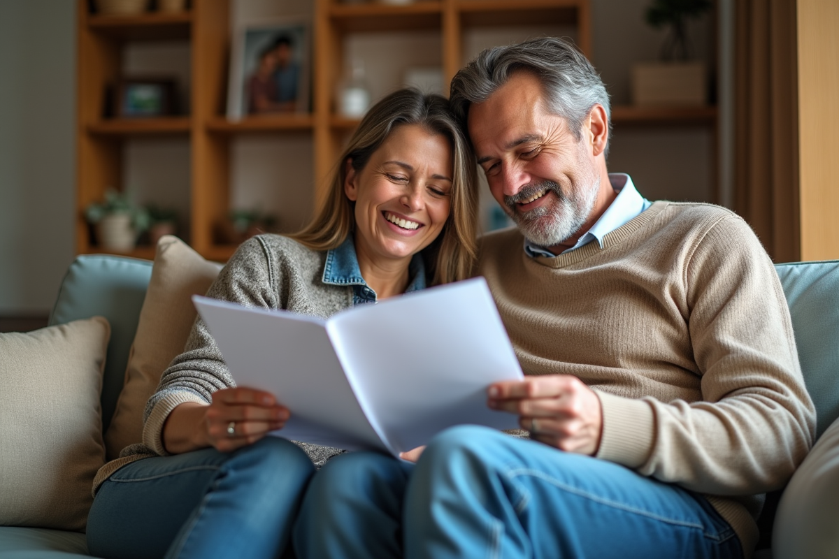 Couple à la maison examinant des brochures de prêt immobilier