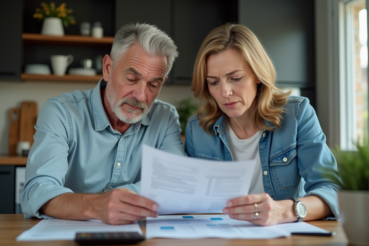 Couple d adultes examines documents financiers a la maison