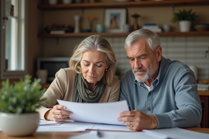 Couple d'une soixantaine lisant des papiers dans une cuisine chaleureuse