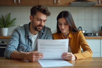Jeune couple en cuisine examine un contrat de prêt immobilier