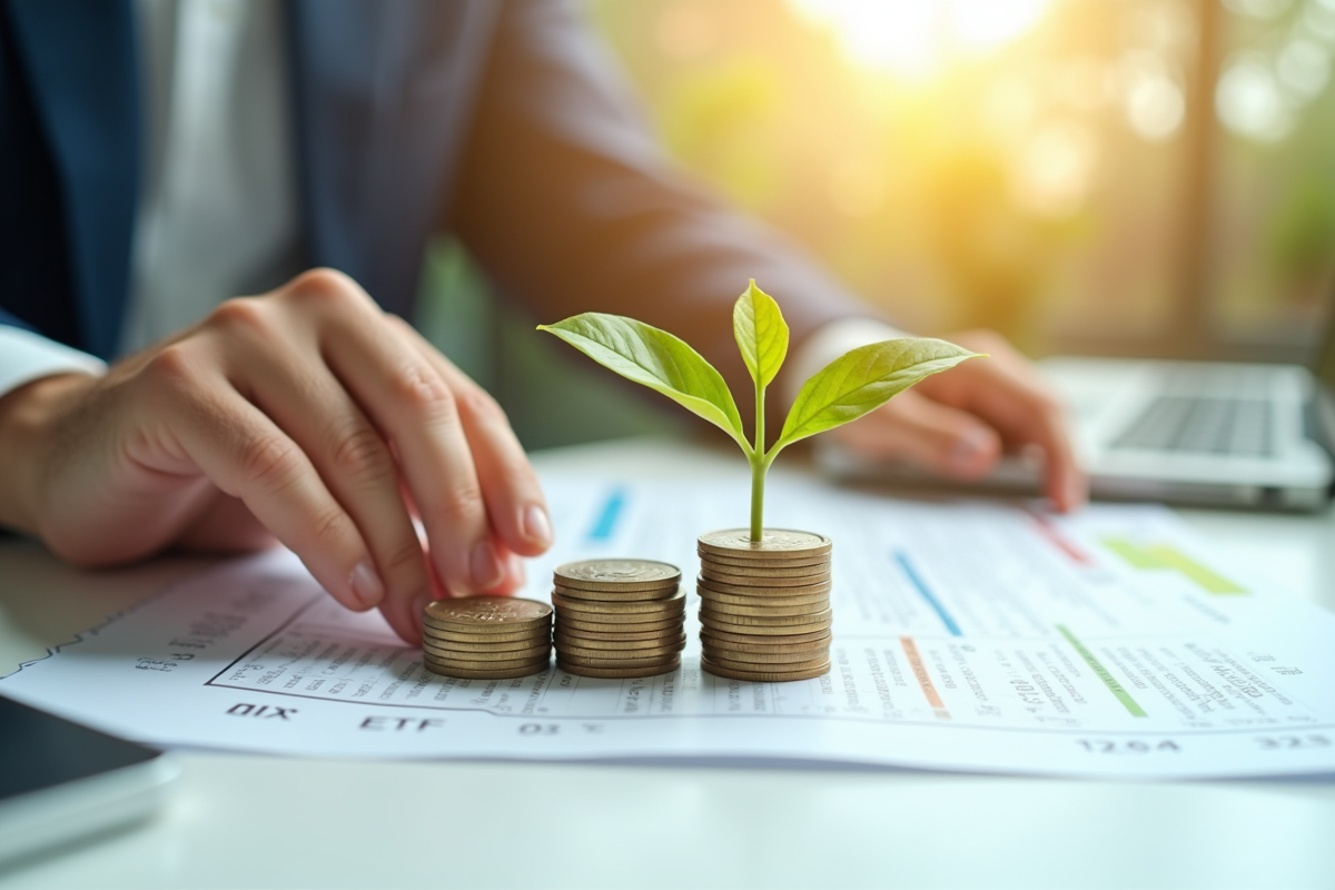 Main plaçant une petite plante sur des pièces et documents financiers