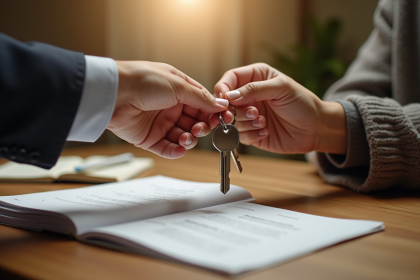 Main d'une personne âgée transmettant des clés et documents à un adulte