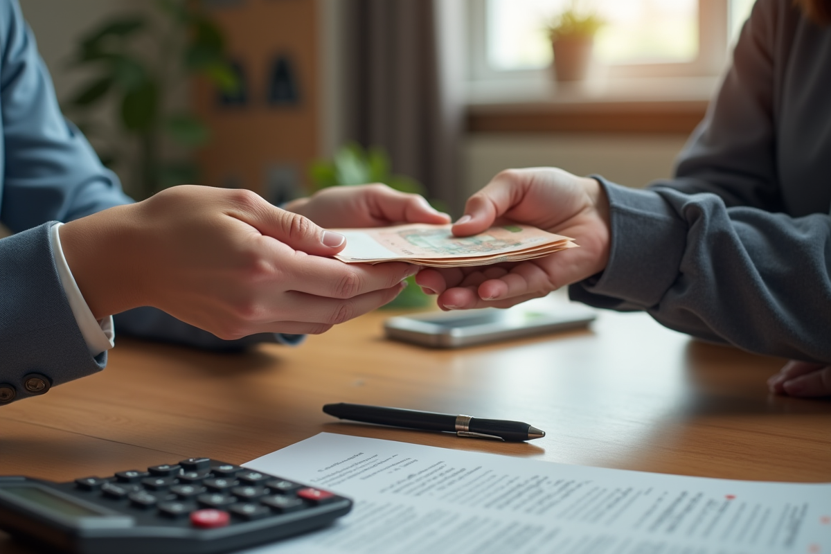 Deux mains échangeant des billets d euros sur une table en bois