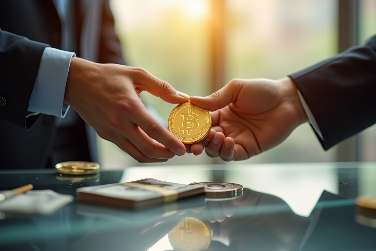 Main échangeant un bitcoin en or contre de l