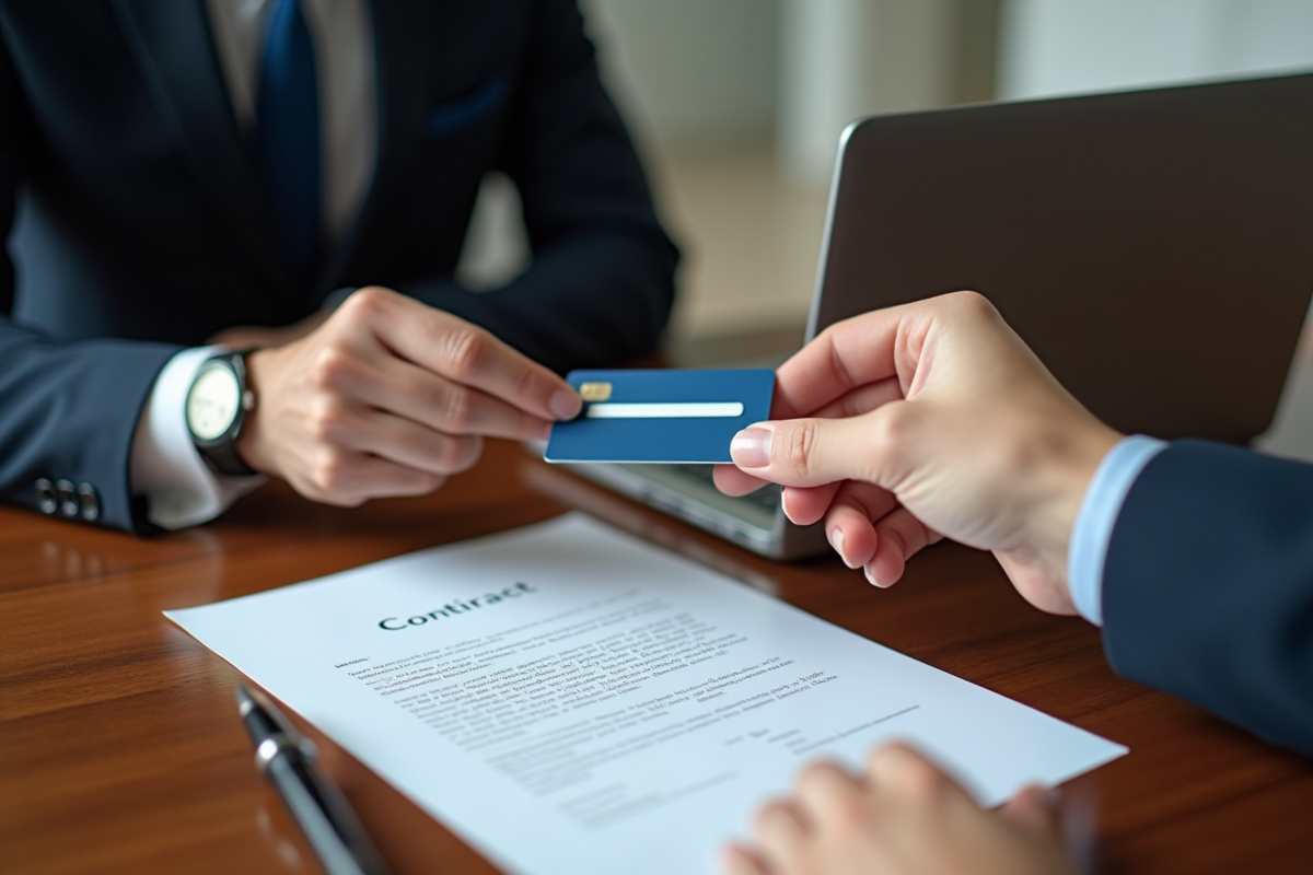Echange de carte bancaire et contrat sur un bureau élégant