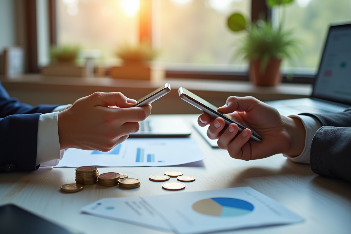 Deux mains échangeant des tokens numériques via smartphones en bureau moderne