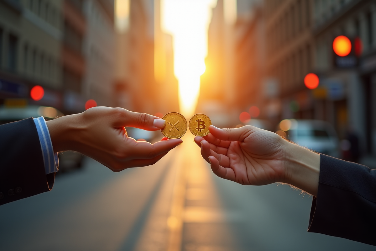 Main échangeant des pièces XRP devant une ville ensoleillée