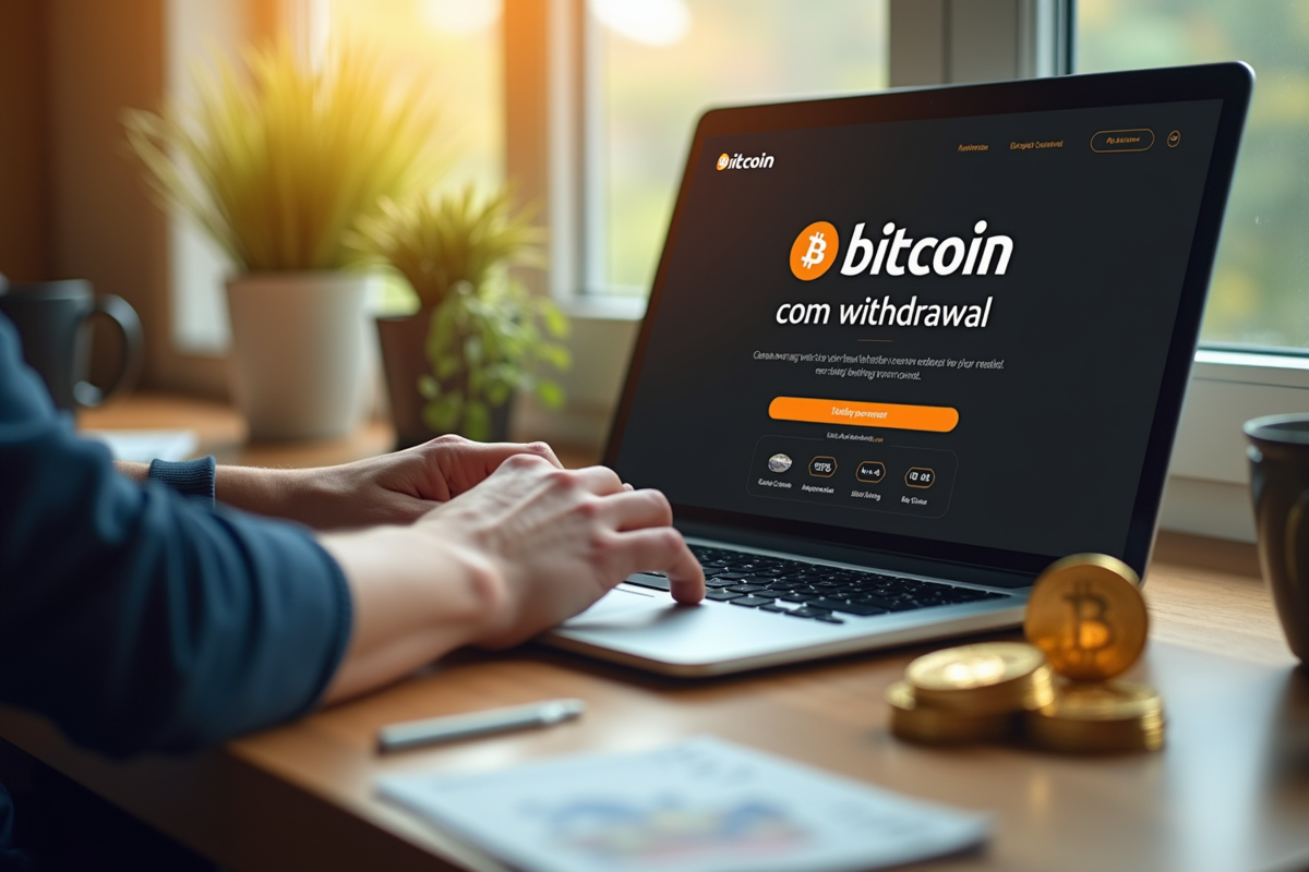 Bureau avec ordinateur et pièces d or Bitcoin en lumière naturelle