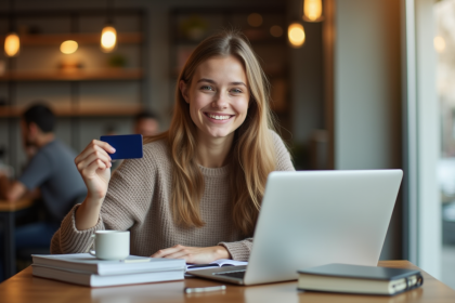 Étudiant souriant avec une carte bancaire à la main