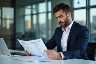 Homme d'affaires en costume bleu examine des documents financiers