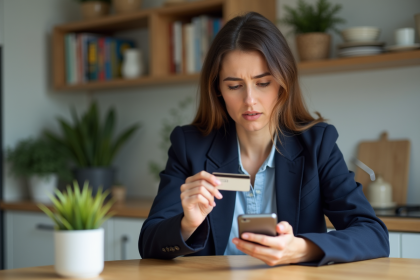 Femme en blazer et jeans utilisant sa carte bancaire
