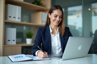 Femme d'affaires analysant des graphiques sur son ordinateur portable