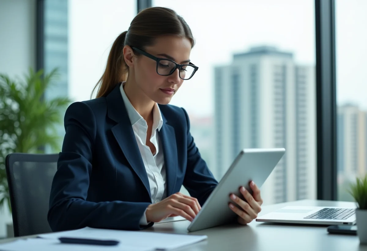 Femme d affaires en costume bleu examine un rapport d assurance