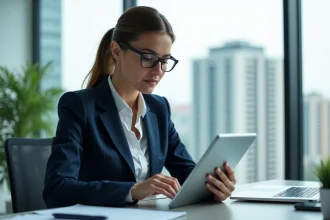 Femme d affaires en costume bleu examine un rapport d assurance