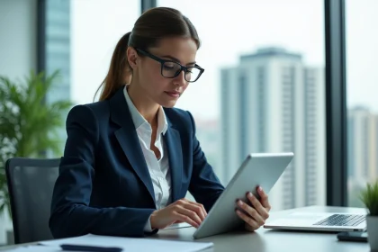 Femme d affaires en costume bleu examine un rapport d assurance