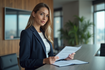Femme professionnelle en bureau avec documents d'assurance