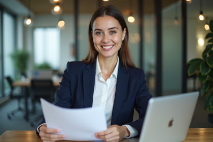 Femme d affaires en bureau examinant documents d assurance