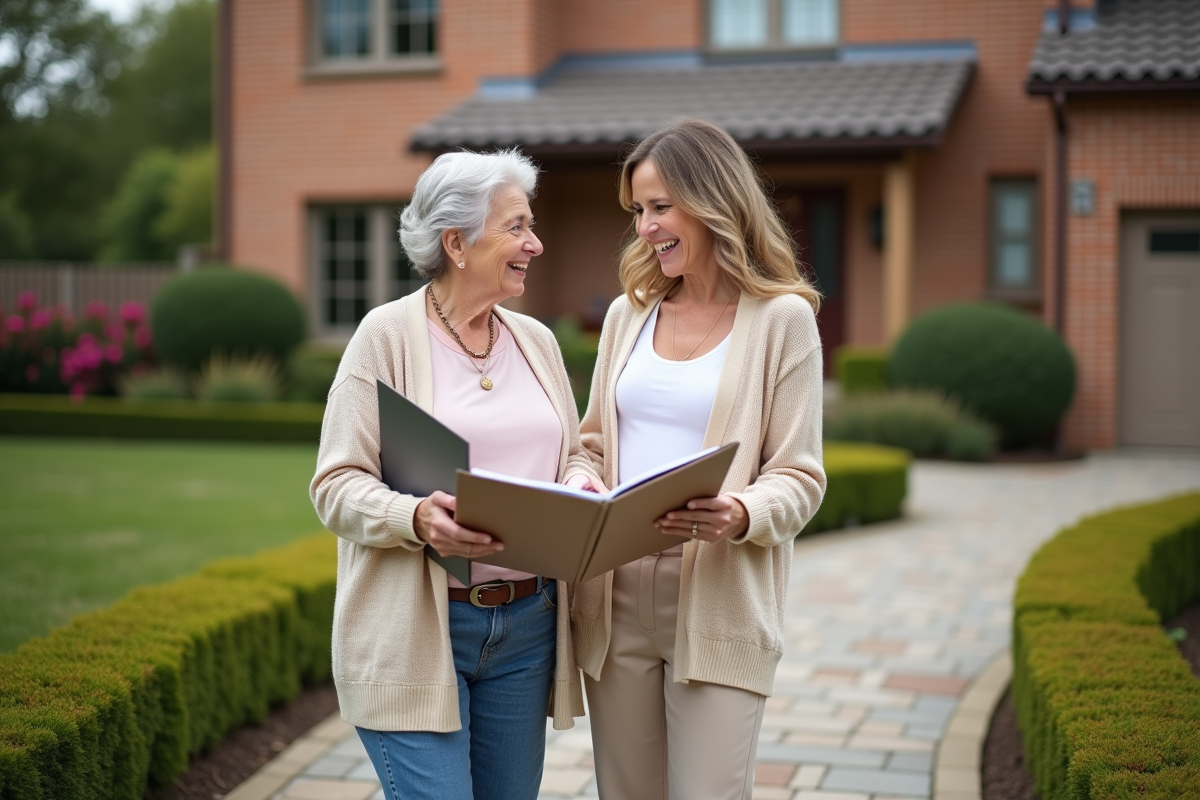 Femme et sa fille souriantes devant une maison avec dossier immobilier