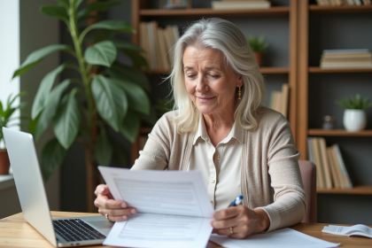 Femme d'&acirc;ge moyen dans un bureau organis&eacute; avec documents d'assurance
