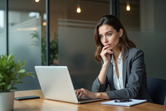 Femme professionnelle concentrée au bureau moderne