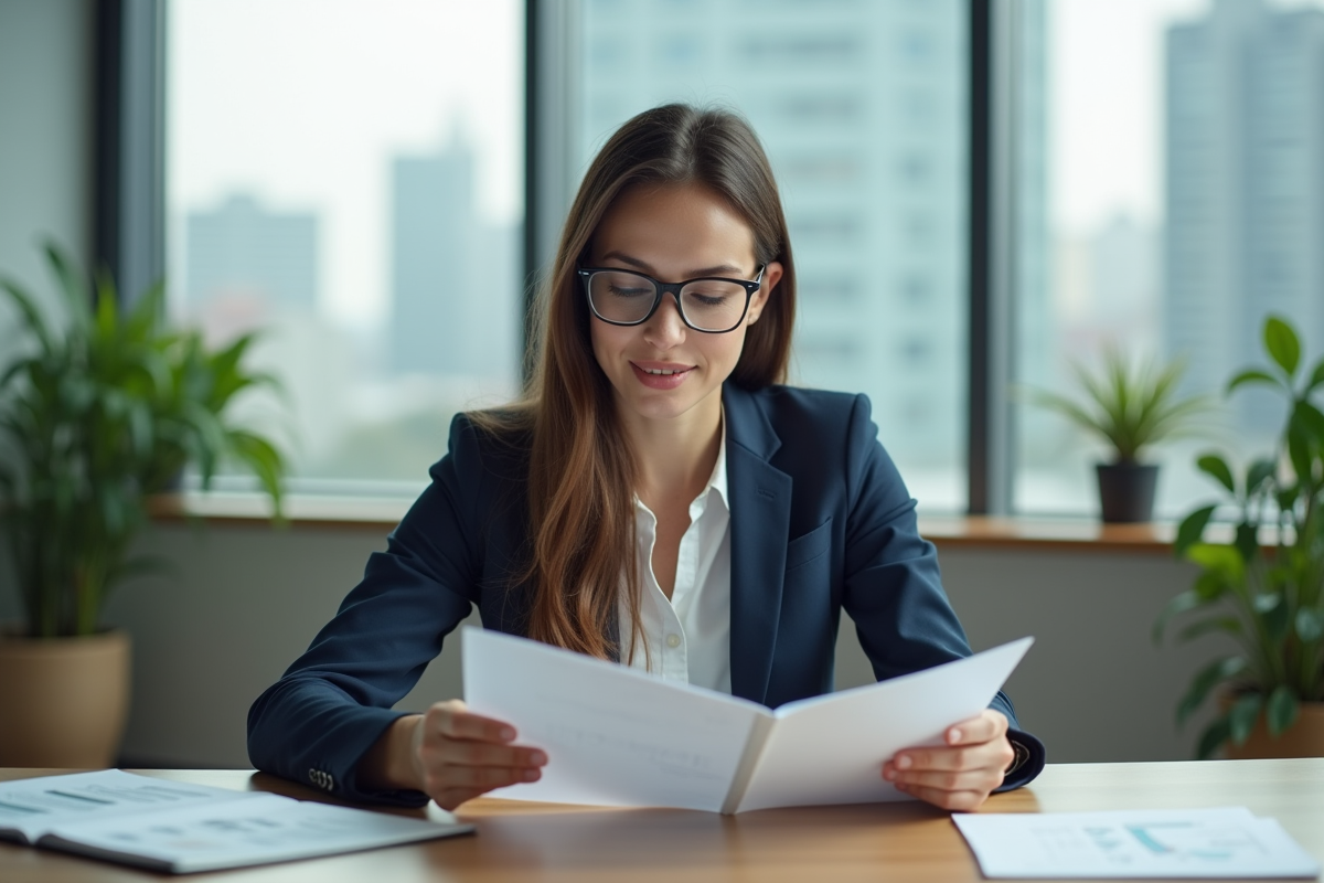 Jeune femme lisant un dossier dans un bureau moderne
