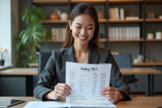 Femme d'affaires souriante examine un document de salaire