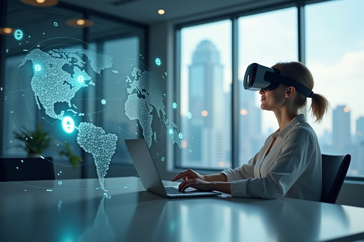 Femme d'affaires en VR avec graphiques holographiques