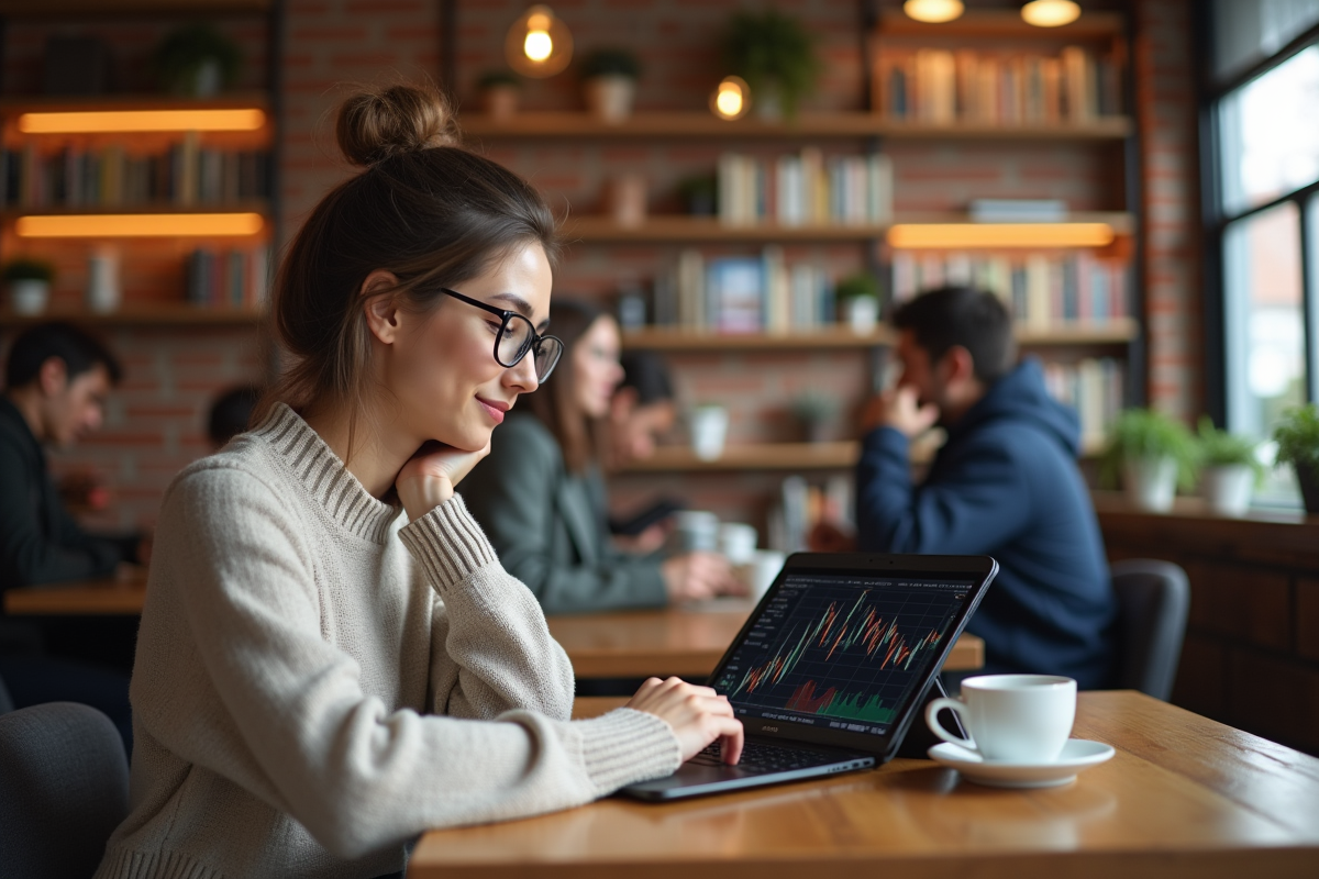 Femme souriante regardant graphique crypto au café