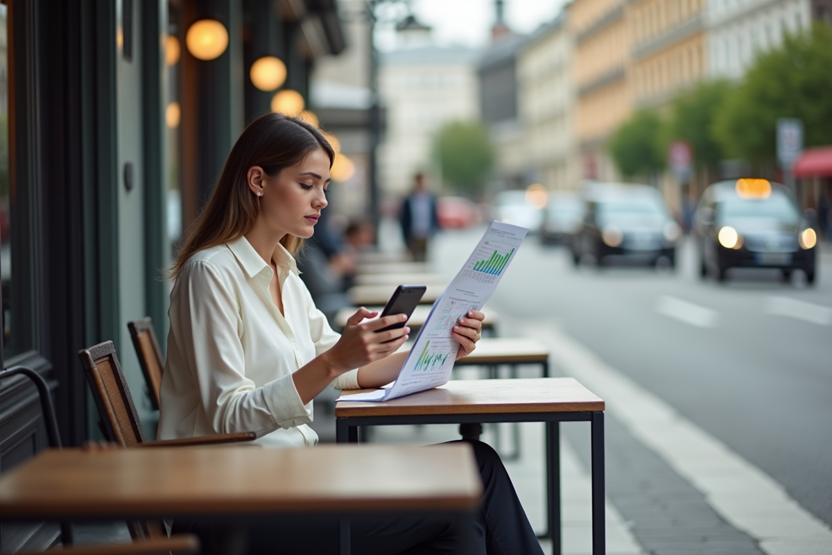 Jeune femme lisant un rapport de marché au café en extérieur