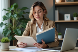 Femme en bureau contemplant des dossiers de prêt personnel
