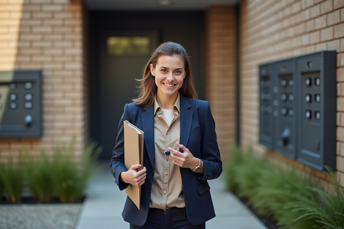Jeune femme souriante devant un immeuble locatif moderne