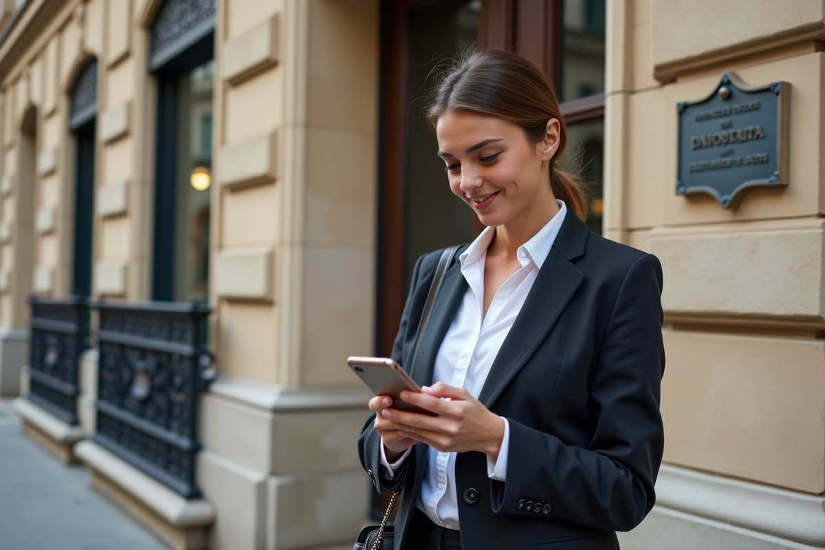 Jeune femme d affaires dehors vérifiant son smartphone