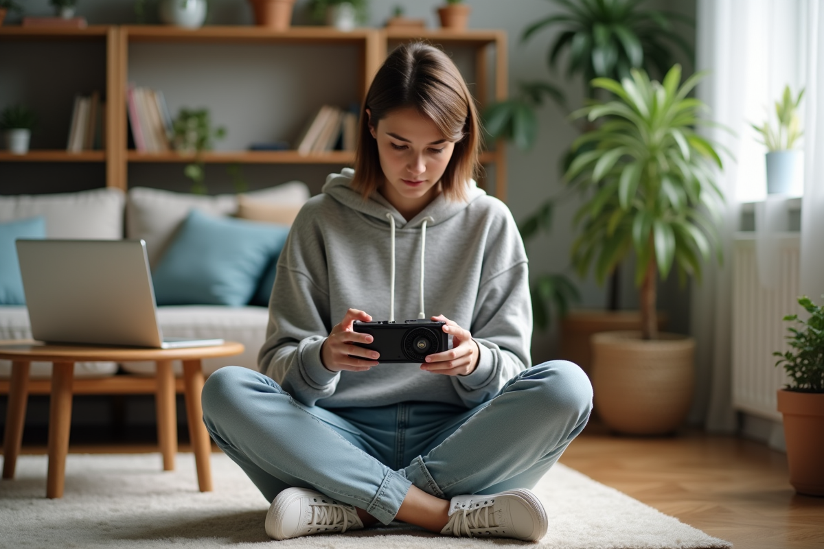 Femme étudiant une carte graphique dans un salon lumineux
